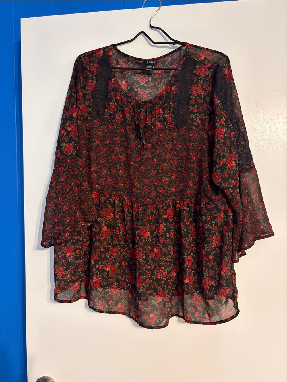 Torrid Black Sheer Top with Red Rose Floral Print